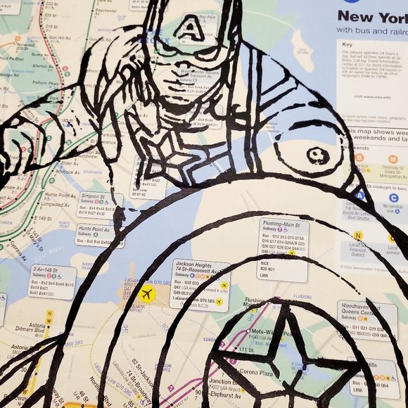 Handpainted Marvel Captain America Art on NYC Subway Map Rare Original Artwork - Picture 8 of 11
